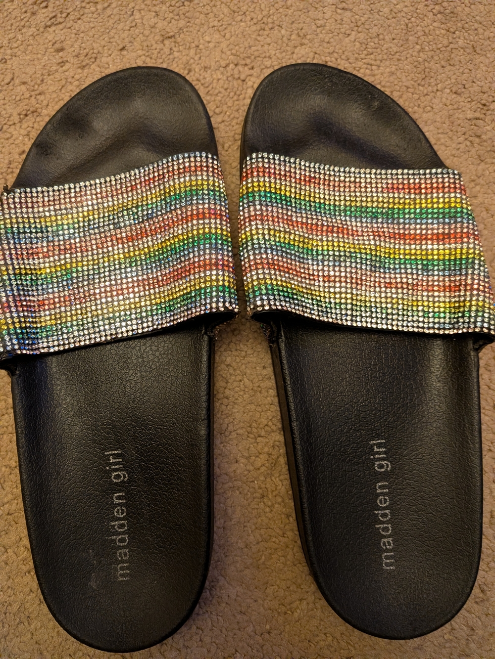 Madden Girl Slide Sandals with Multicolor Rhinestone Straps